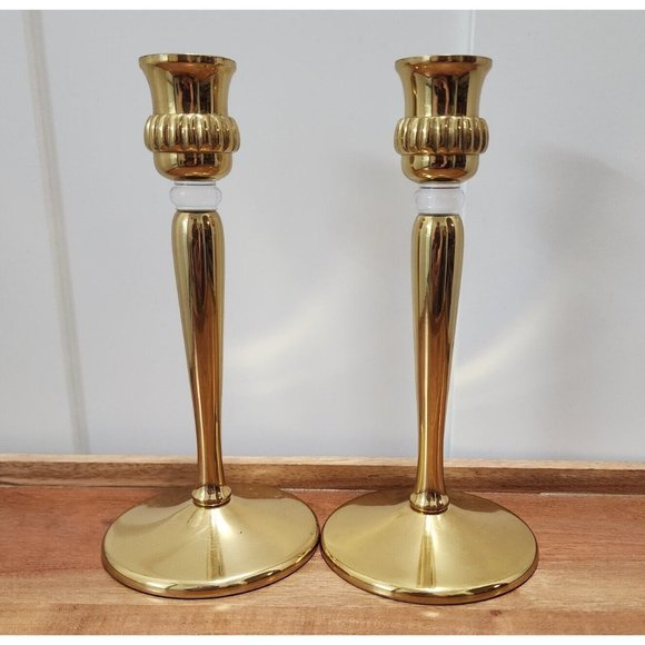Set of 2 Partylite Gold Tone Brass Taper Candlestick Candleholders 7” - Picture 1 of 12